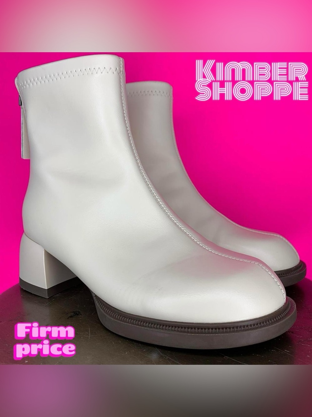 Cream Faux Leather Round Toe Center Seam High Ankle Boot US US 7.5 UK 5.5